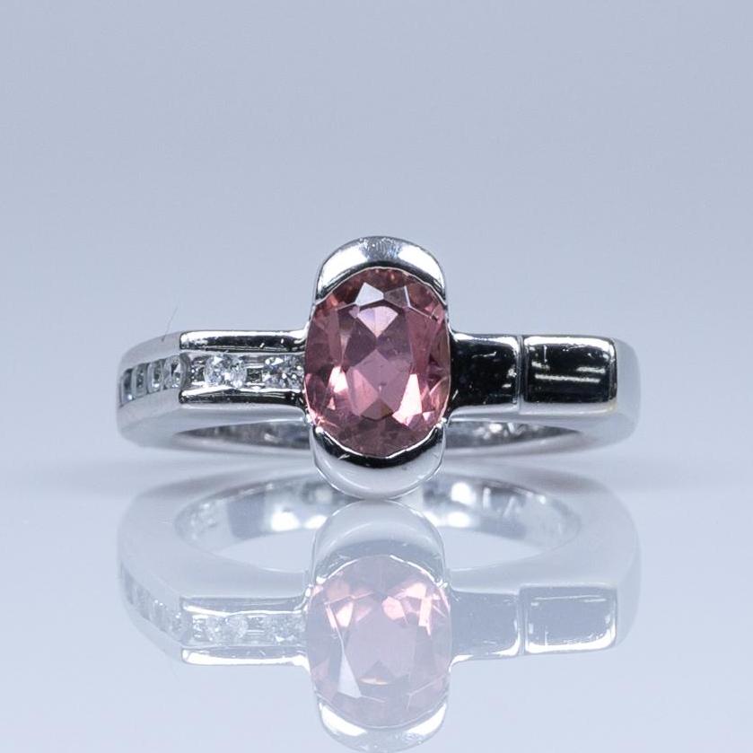 Modern Asymmetrical 1.35ct Oval Pink Tourmaline and Diamond Ring 14k White Gold