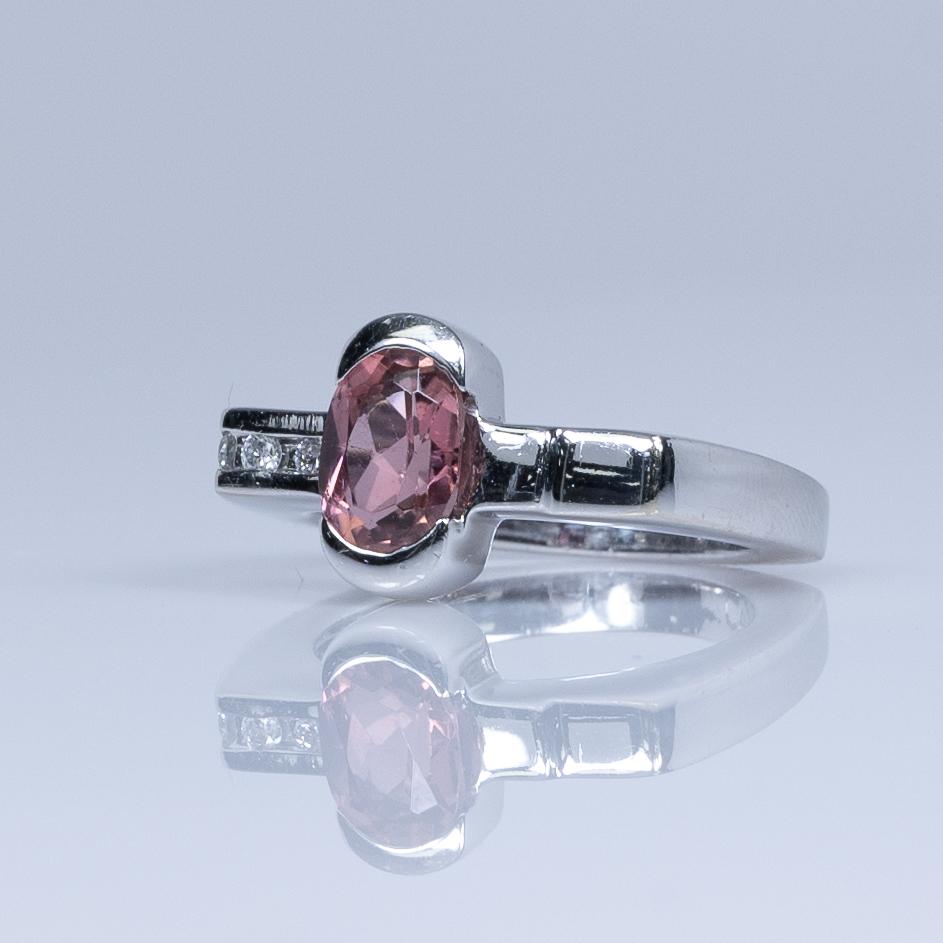 Modern Asymmetrical 1.35ct Oval Pink Tourmaline and Diamond Ring 14k White Gold