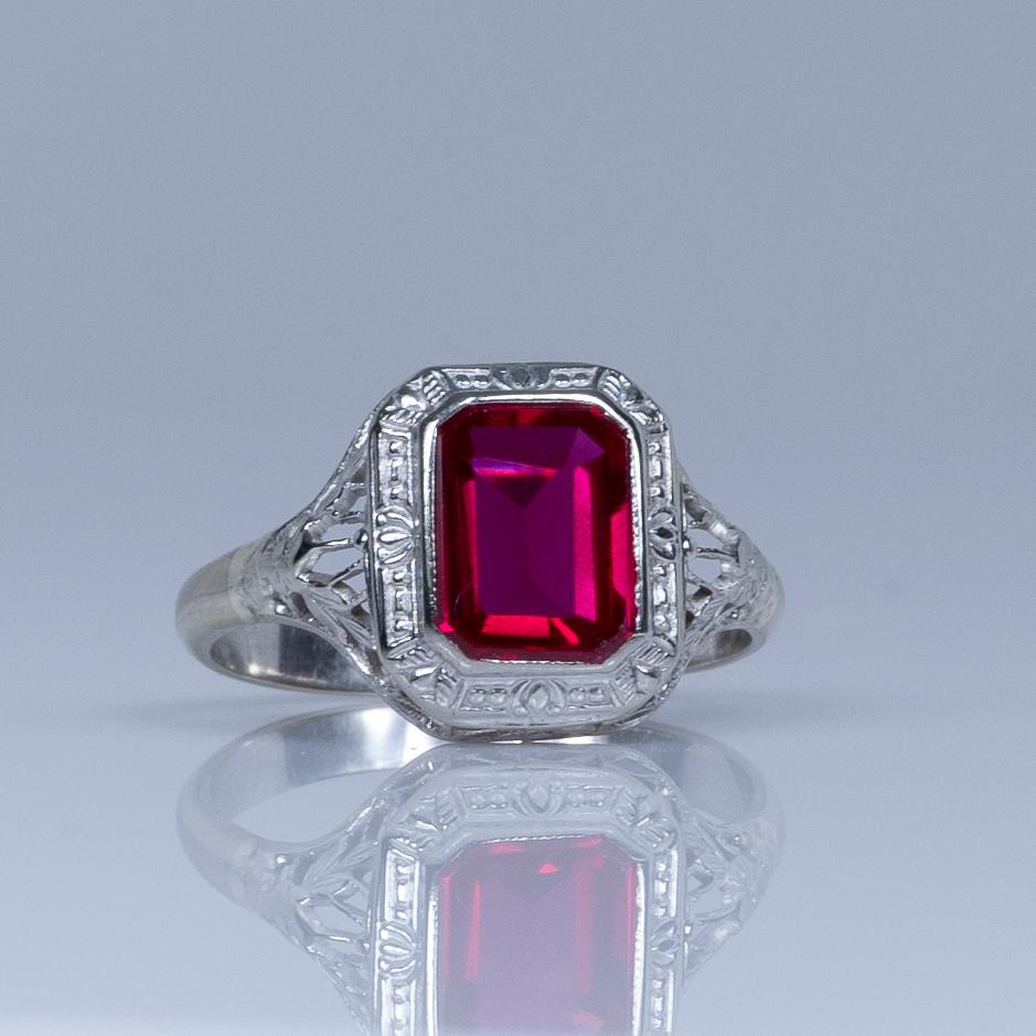 Art Deco Filigree Emerald Cut Ruby 14k White Gold Ring