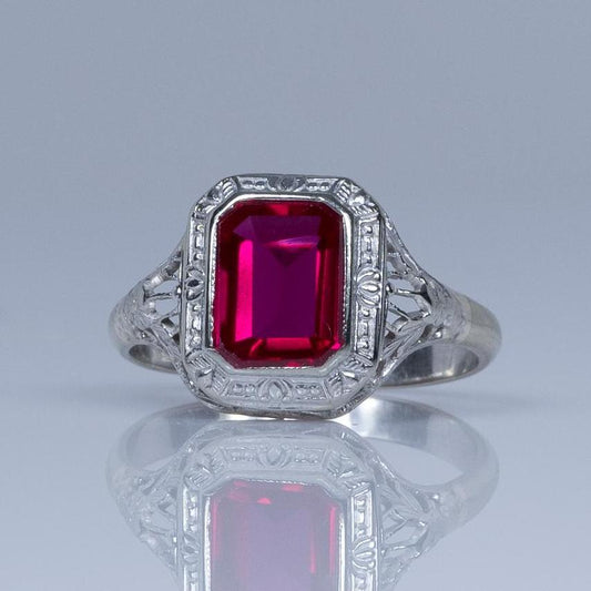 Art Deco Filigree Emerald Cut Ruby 14k White Gold Ring