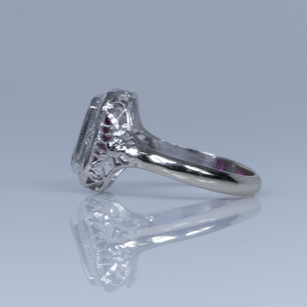 Art Deco Filigree Emerald Cut Ruby 14k White Gold Ring