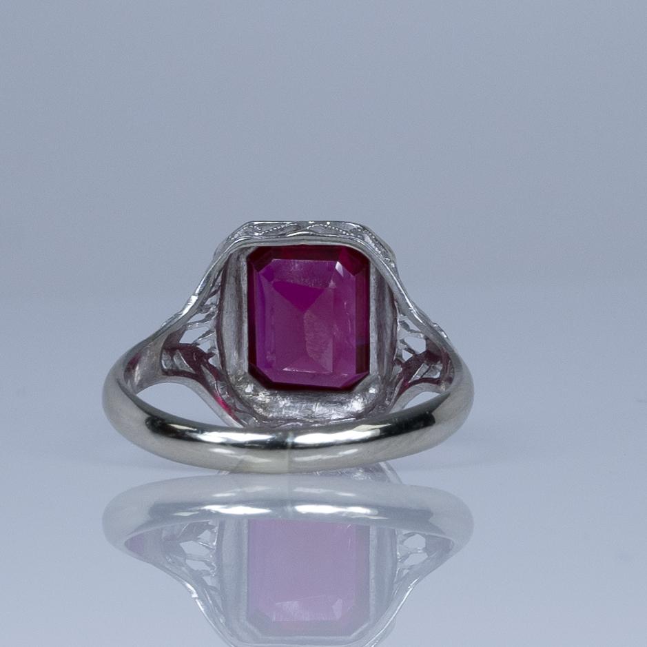 Art Deco Filigree Emerald Cut Ruby 14k White Gold Ring