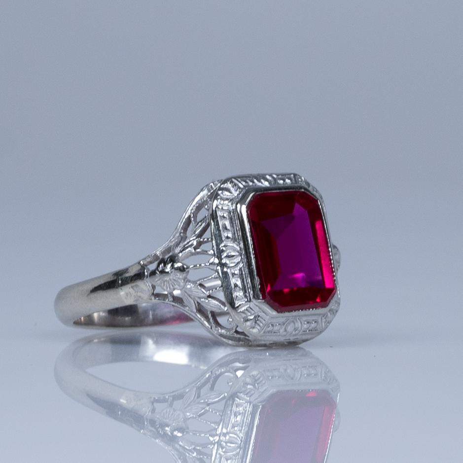 Art Deco Filigree Emerald Cut Ruby 14k White Gold Ring