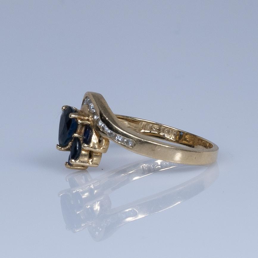 Blue Sapphire Pear and Diamond Ring in 14k Yellow Gold