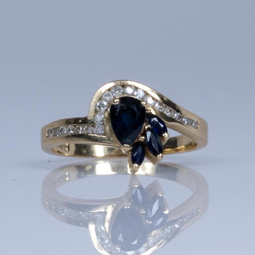 Blue Sapphire Pear and Diamond Ring in 14k Yellow Gold