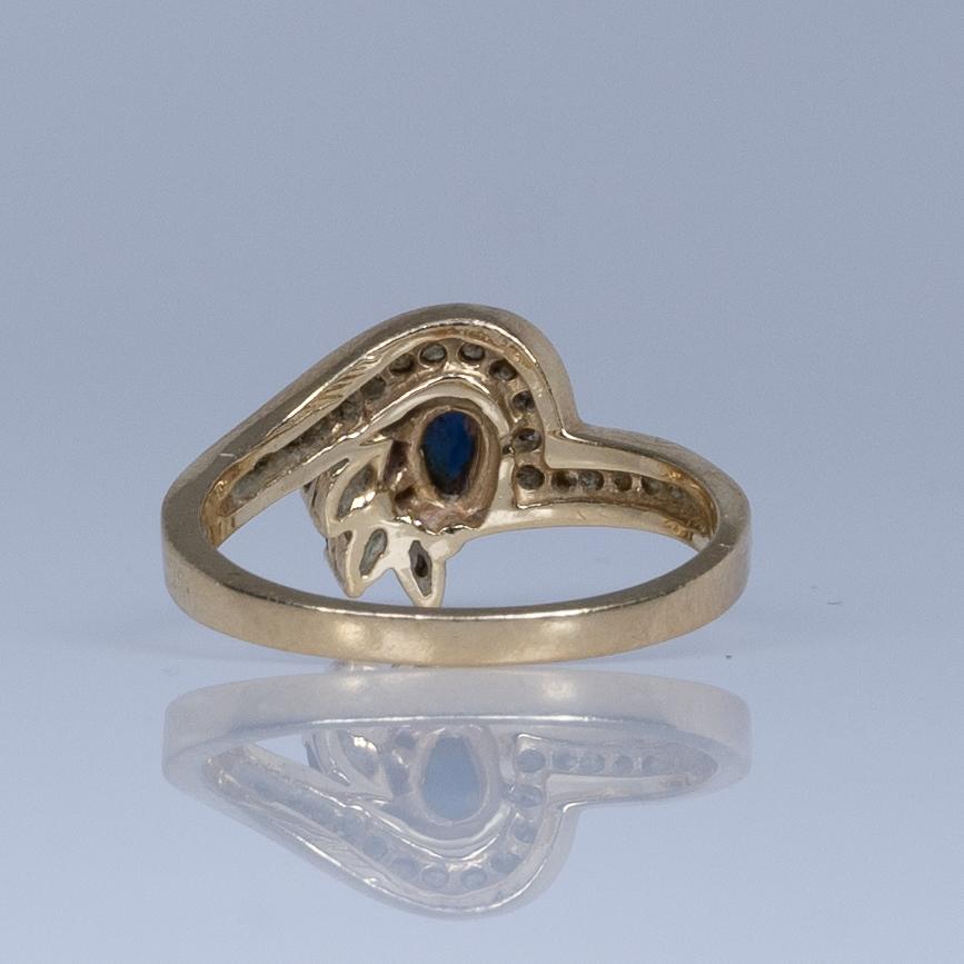 Blue Sapphire Pear and Diamond Ring in 14k Yellow Gold