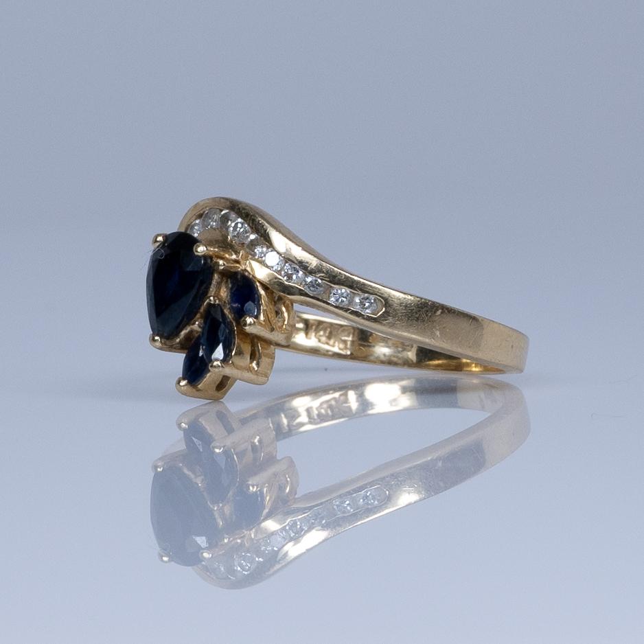 Blue Sapphire Pear and Diamond Ring in 14k Yellow Gold