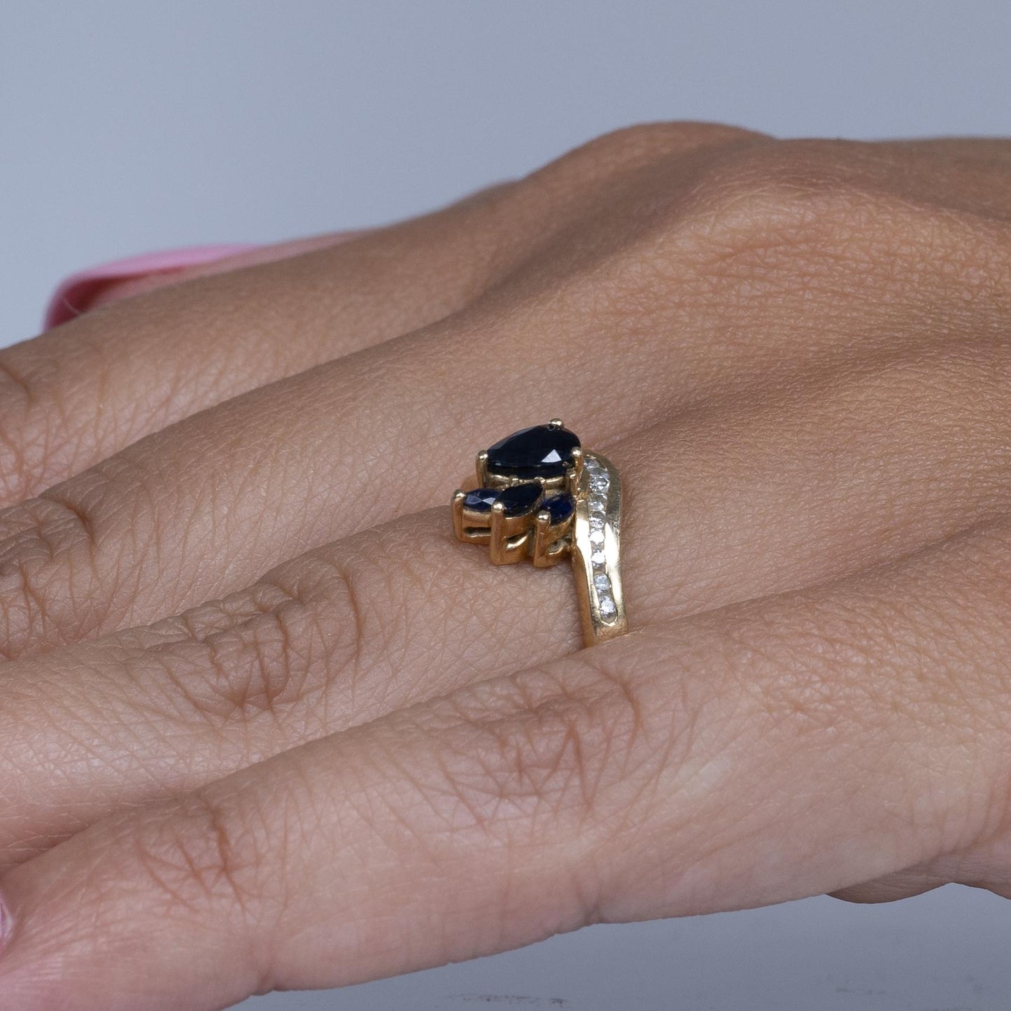 Blue Sapphire Pear and Diamond Ring in 14k Yellow Gold