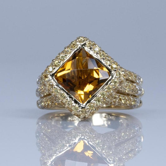 Citrine Cushion Yellow Sapphire Pave Cocktail Ring in 14K Gold