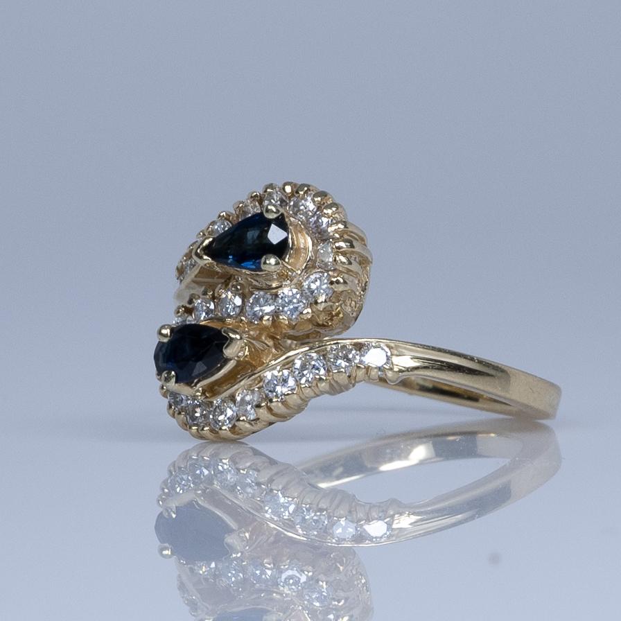 Blue Sapphire Pear and Diamond S Ring in 14k Yellow Gold