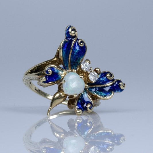 Blue Enamel Butterfly Ring w Opal & Diamonds in 14k Gold