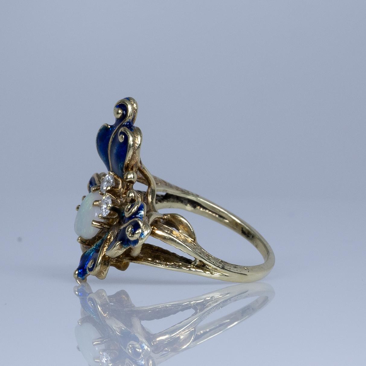 Blue Enamel Butterfly Ring w Opal & Diamonds in 14k Gold