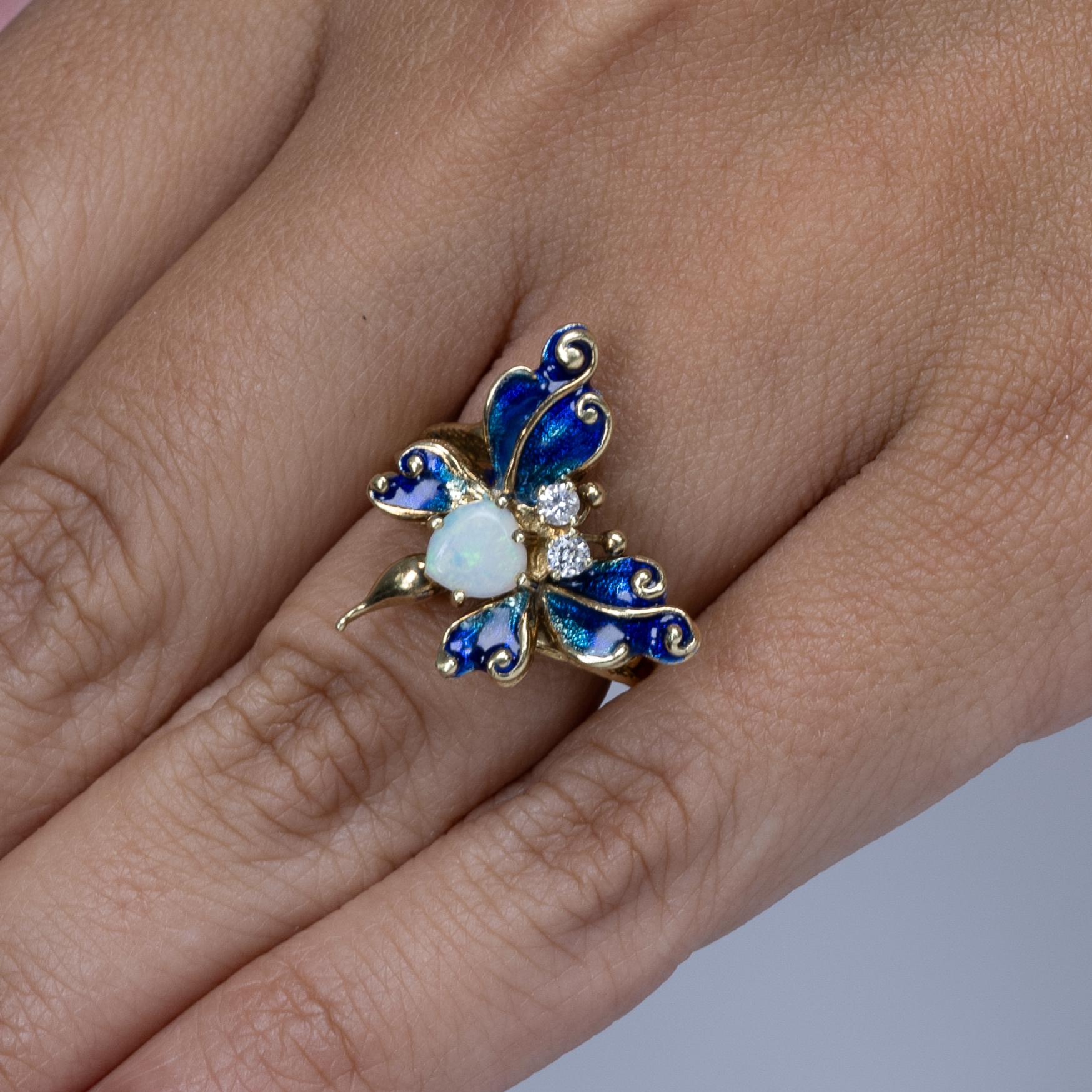 Blue Enamel Butterfly Ring w Opal & Diamonds in 14k Gold