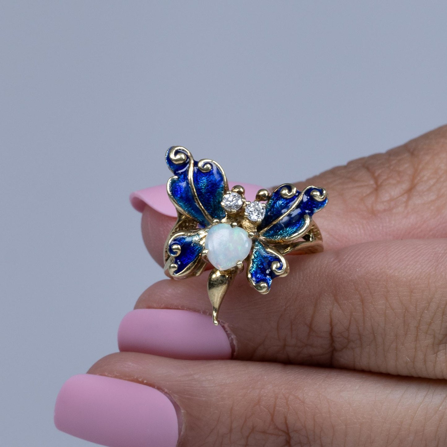 Blue Enamel Butterfly Ring w Opal & Diamonds in 14k Gold