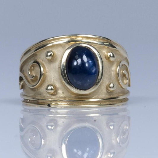 2.05ct Blue Sapphire Cabochon Ring w Satin Finish 14K Yellow Gold