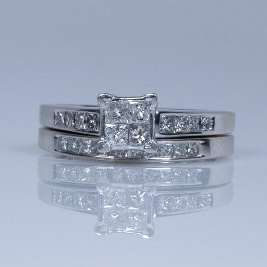 1.13ct Princess Cut Diamond Engagement Ring "Invisible Set" Wedding Set in 14K