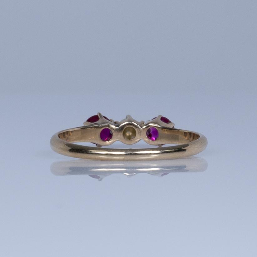 Victorian Pearl and Ruby Three Stone Ring in 14K Yellow Gold