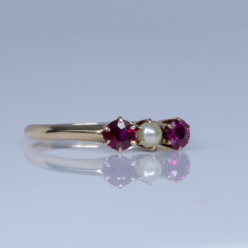 Victorian Pearl and Ruby Three Stone Ring in 14K Yellow Gold