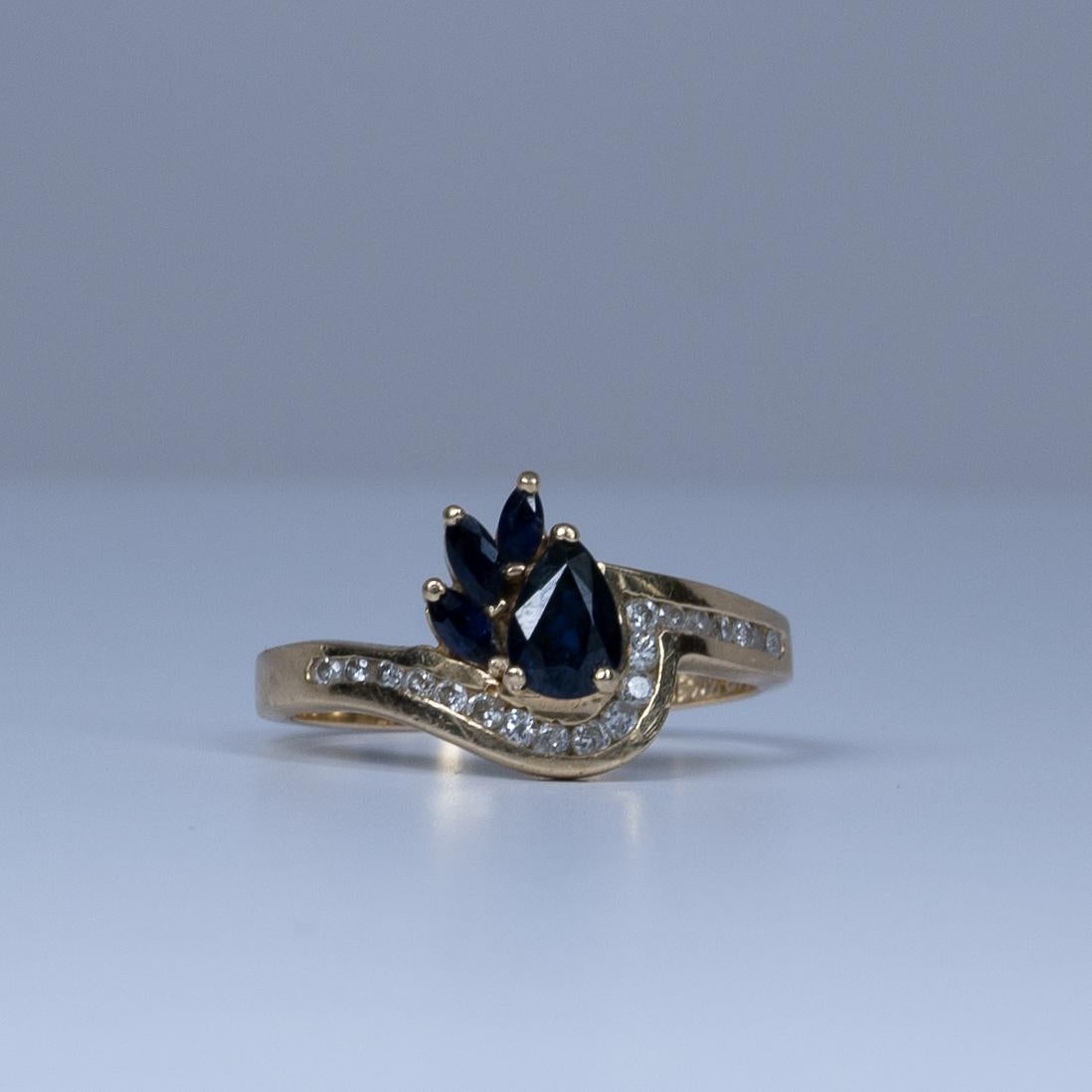 Blue Sapphire Pear and Diamond Ring in 14k Yellow Gold