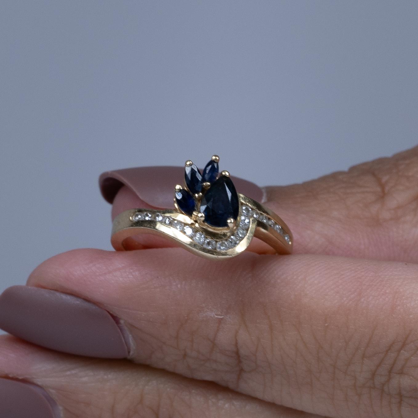 Blue Sapphire Pear and Diamond Ring in 14k Yellow Gold