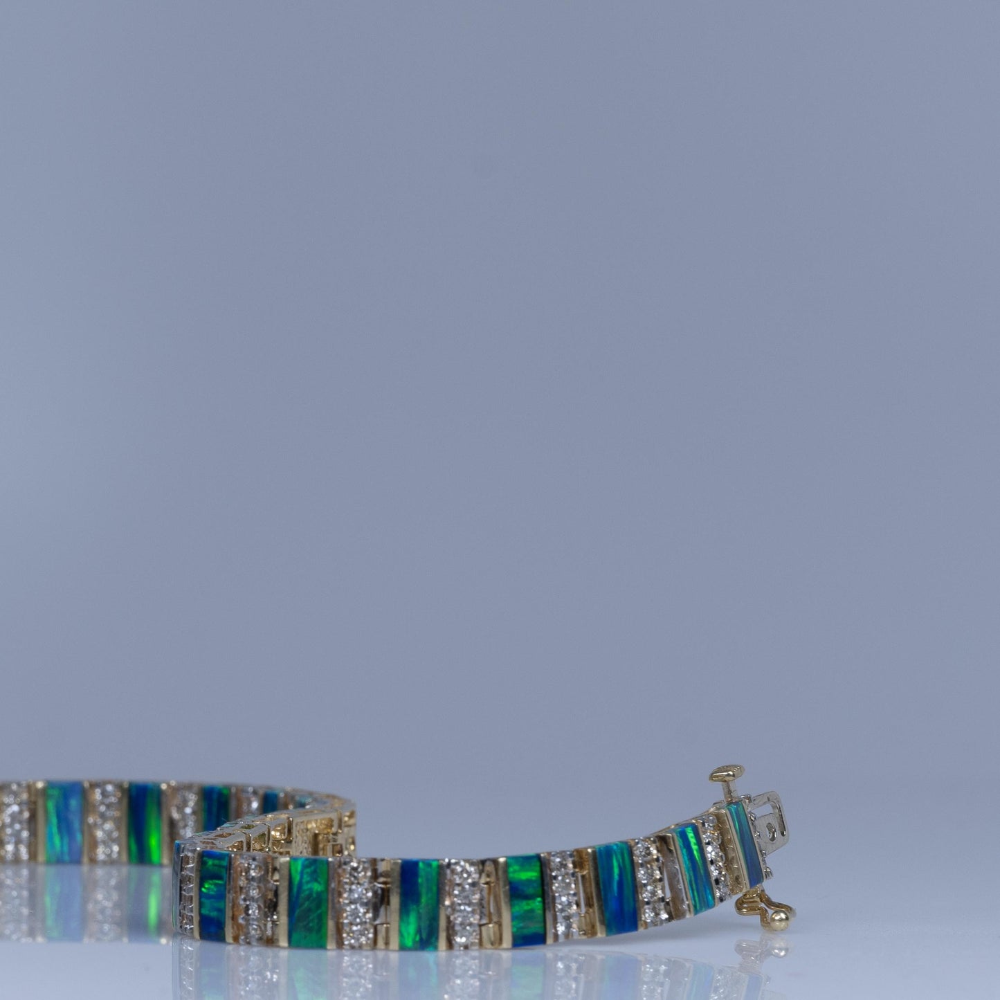 Blue Green Opal Bar and Diamond Bracelet in 14k Yellow Gold