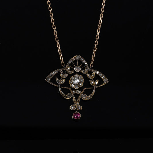 Victorian Yellow Gold Rose Cut Diamond and Ruby Necklace