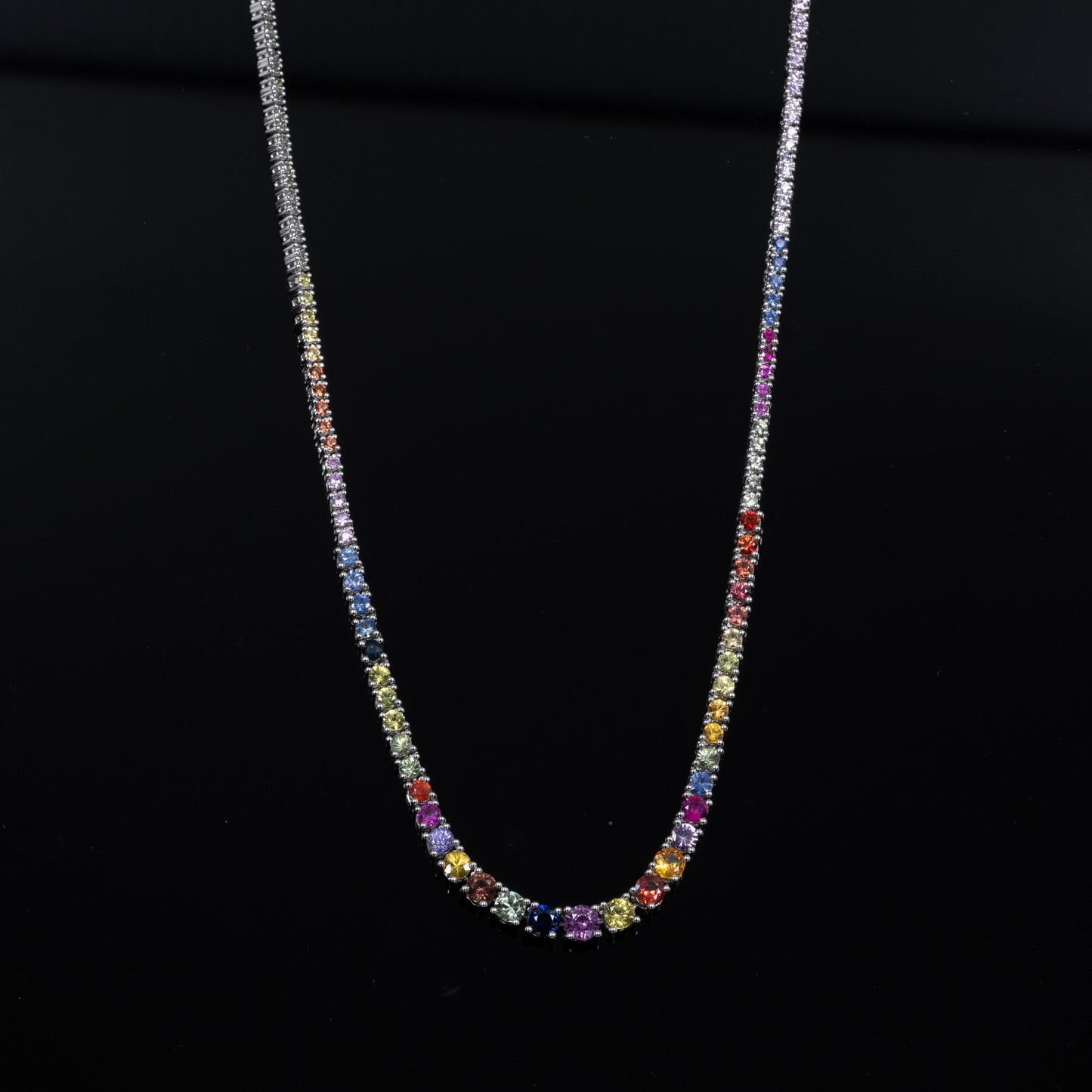 7.44ctw Graduated Multicolor Rainbow Sapphire Riviera Necklace 14k White Gold