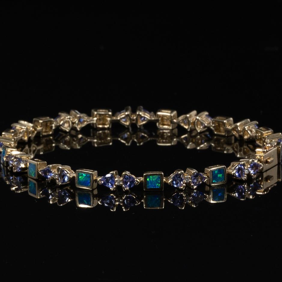 Opal Tanzanite Diamond Shapes Bracelet 14K Yellow Gold