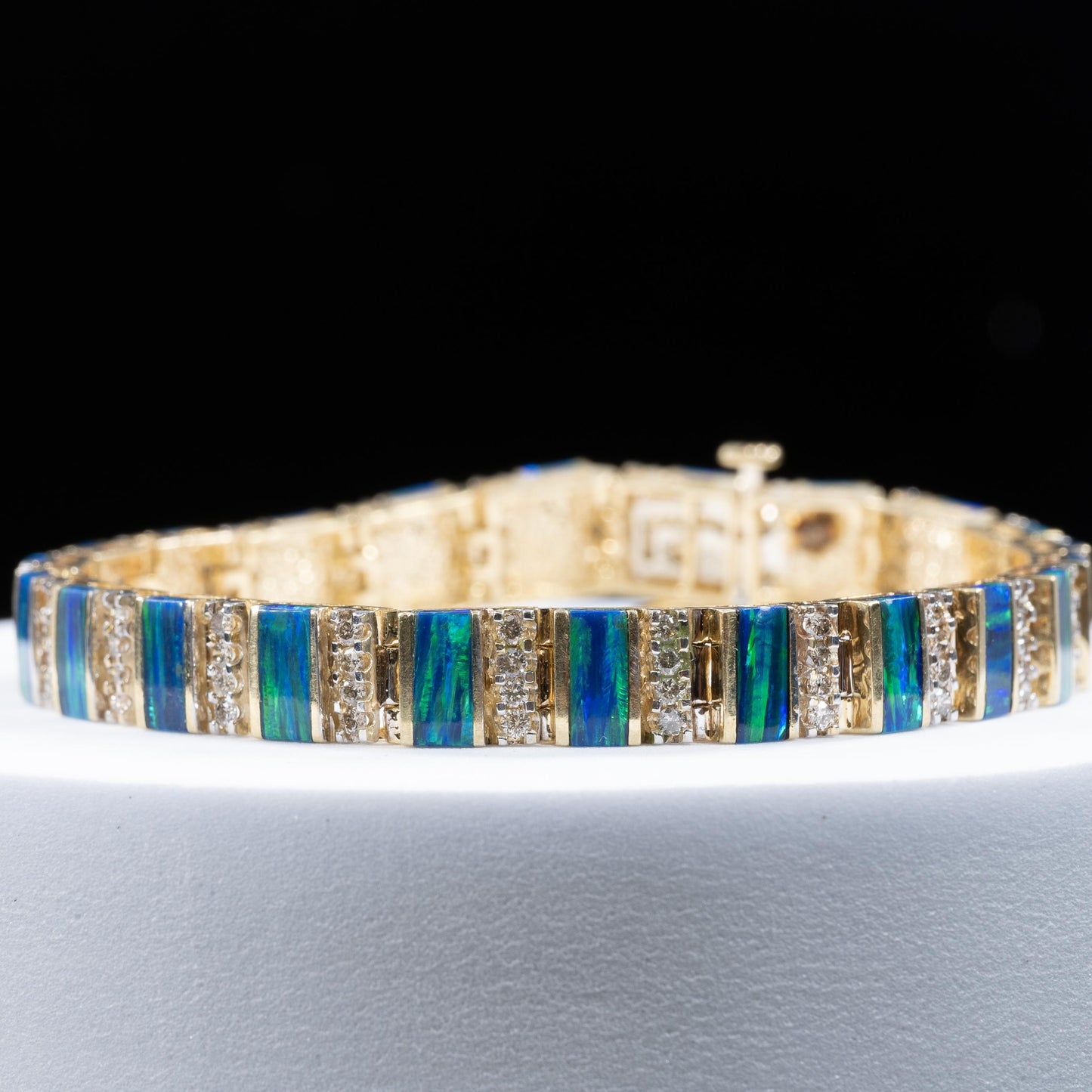 Blue Green Opal Bar and Diamond Bracelet in 14k Yellow Gold