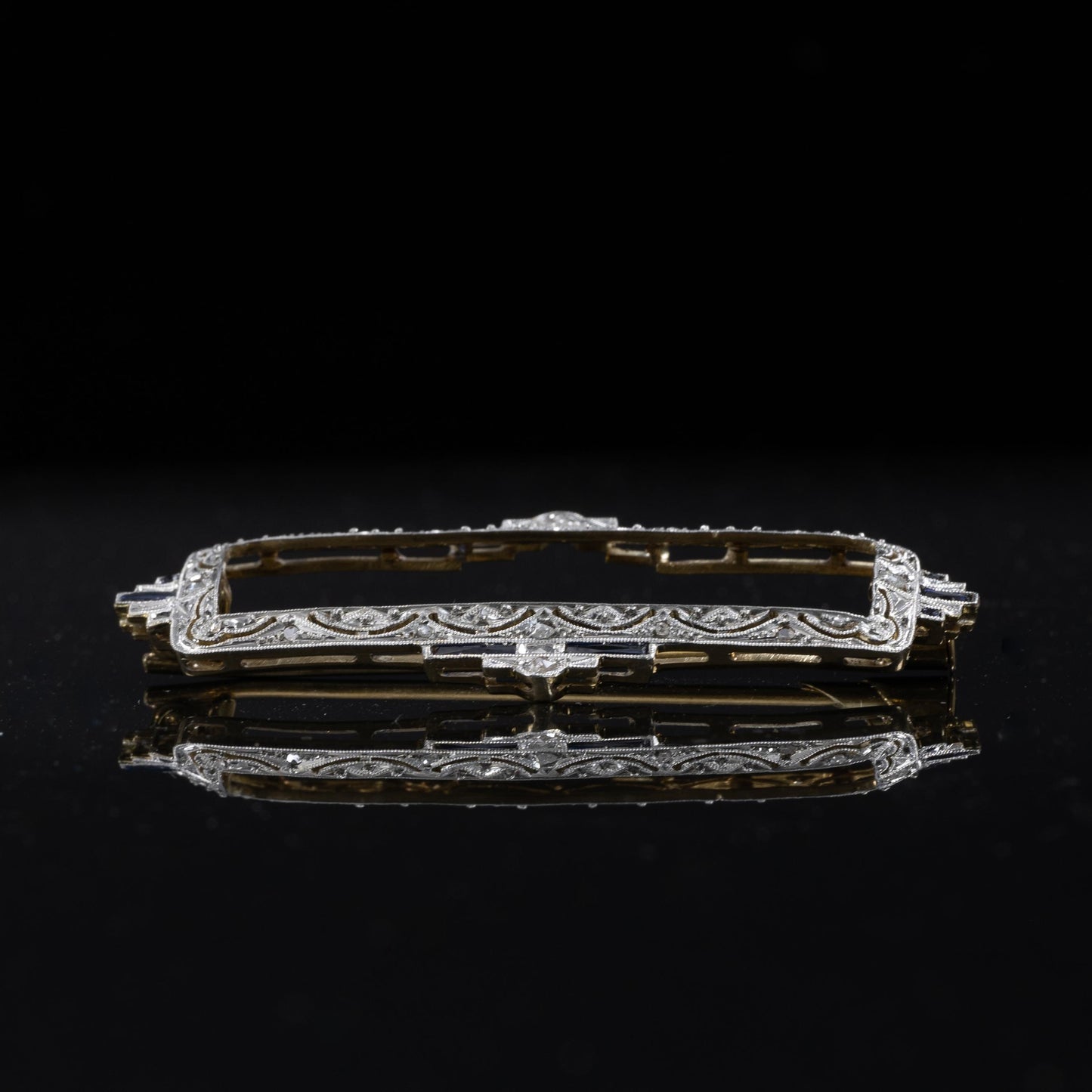 Edwardian Diamond and Sapphire Platinum over 18k Yellow Gold Rectangle Brooch