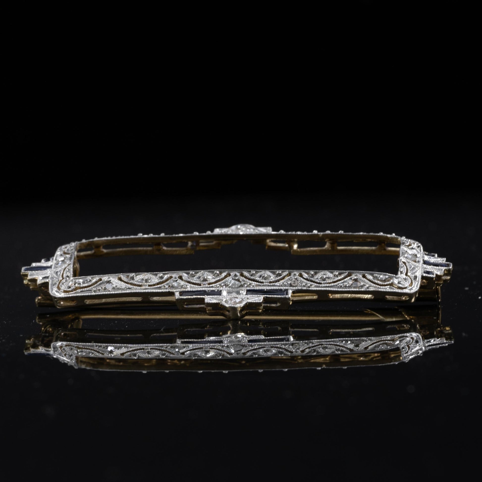 Edwardian Diamond and Sapphire Platinum over 18k Yellow Gold Rectangle Brooch