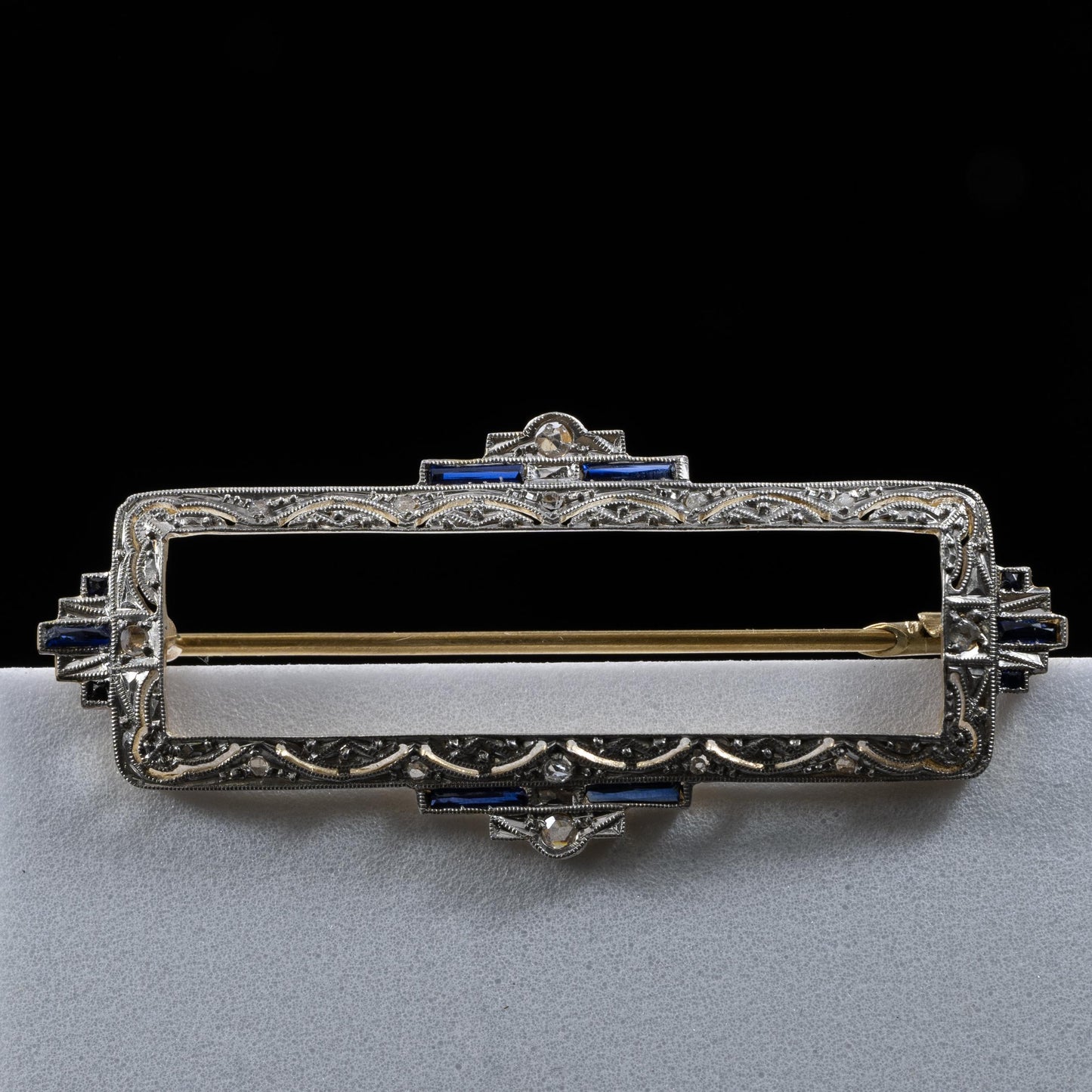 Edwardian Diamond and Sapphire Platinum over 18k Yellow Gold Rectangle Brooch