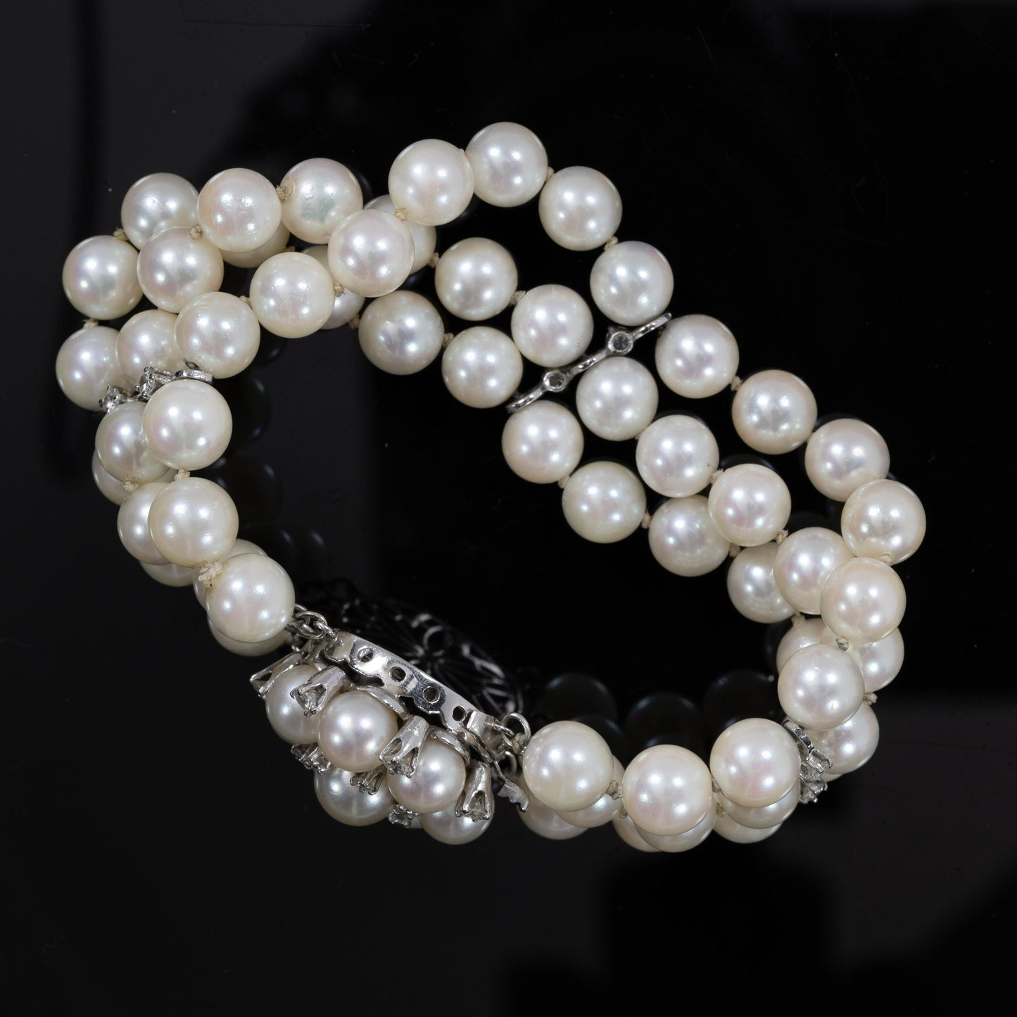 Three Strand Pearl & Diamond Bracelet w Decorative Flower Clasp 14k White Gold