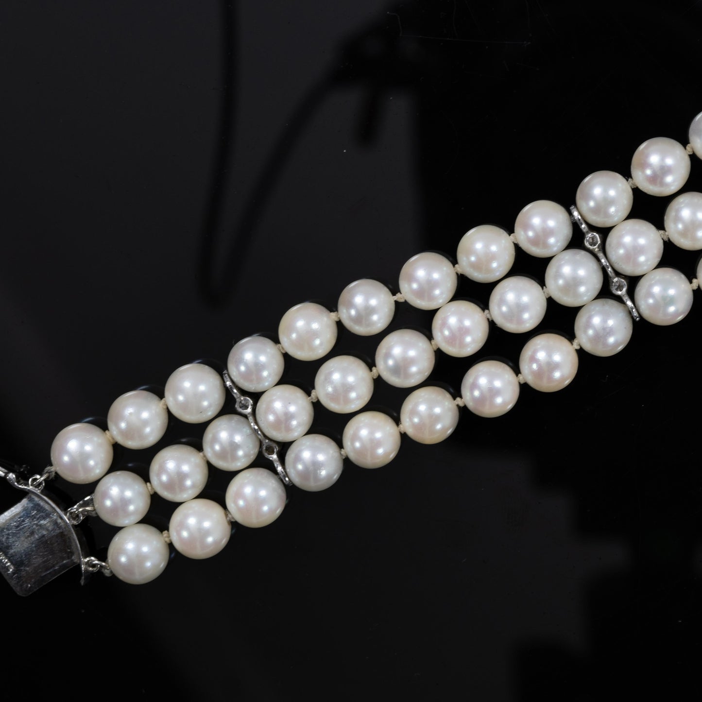 Three Strand Pearl & Diamond Bracelet w Decorative Flower Clasp 14k White Gold