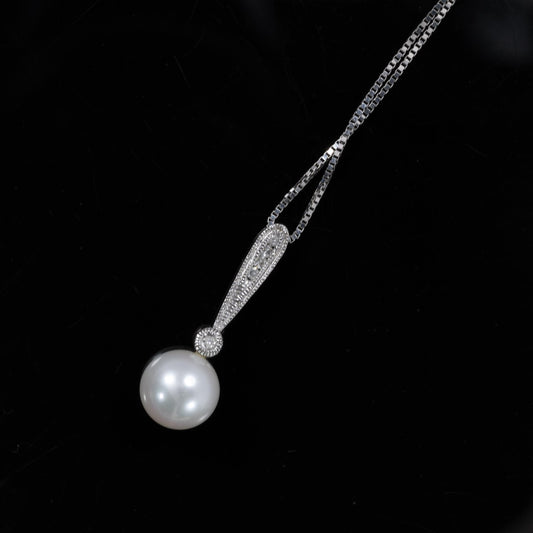 Pearl and Diamond Drop Pendant on 14k White Gold Necklace