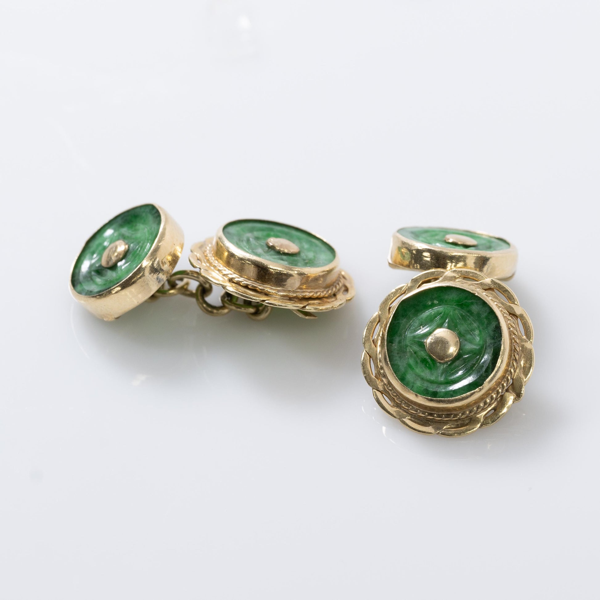 Carved Jadeite 14K Yellow Gold Cufflinks