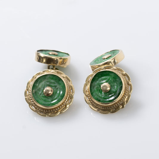 Carved Jadeite 14K Yellow Gold Cufflinks