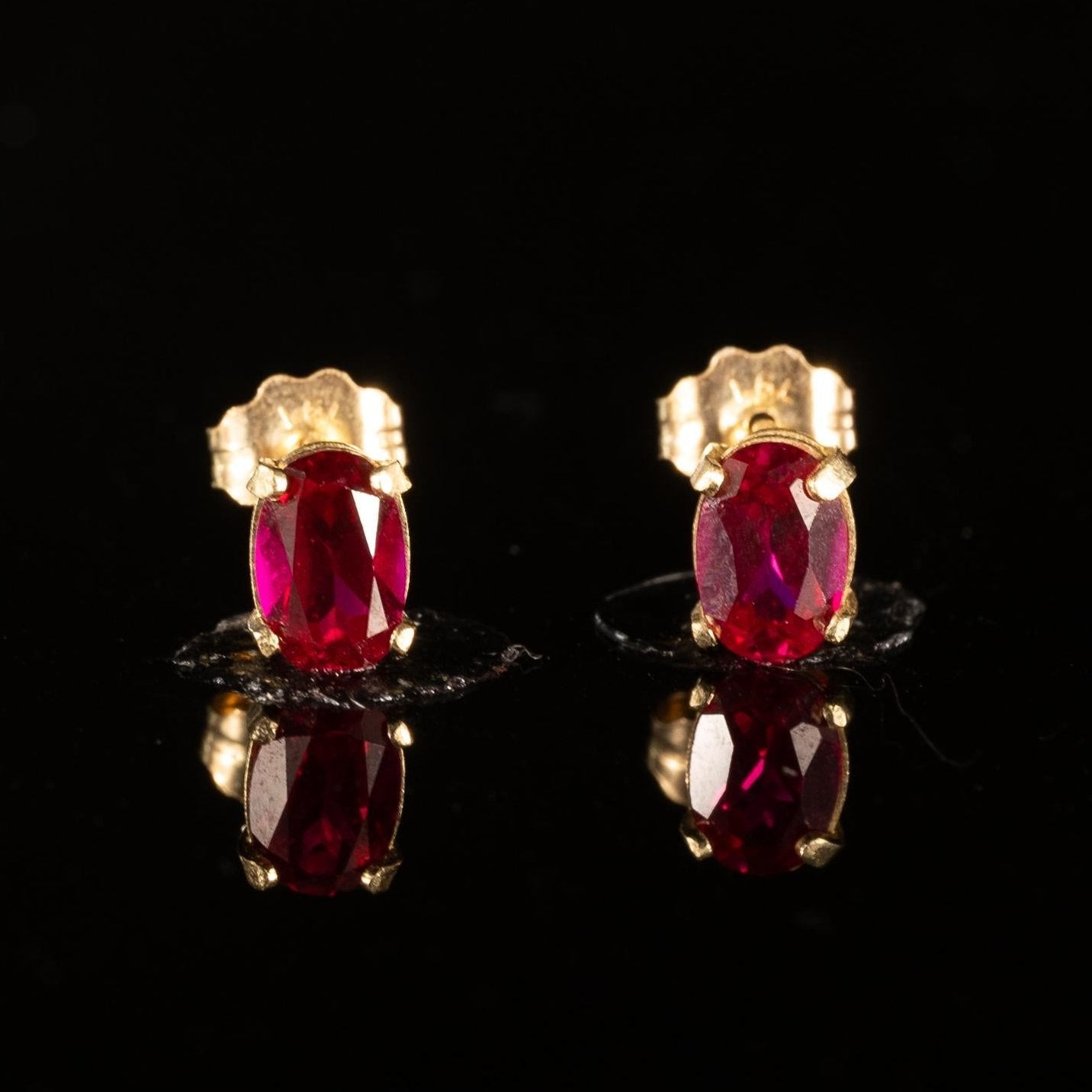 14K Yellow Gold Oval Lab Ruby Stud Earrings