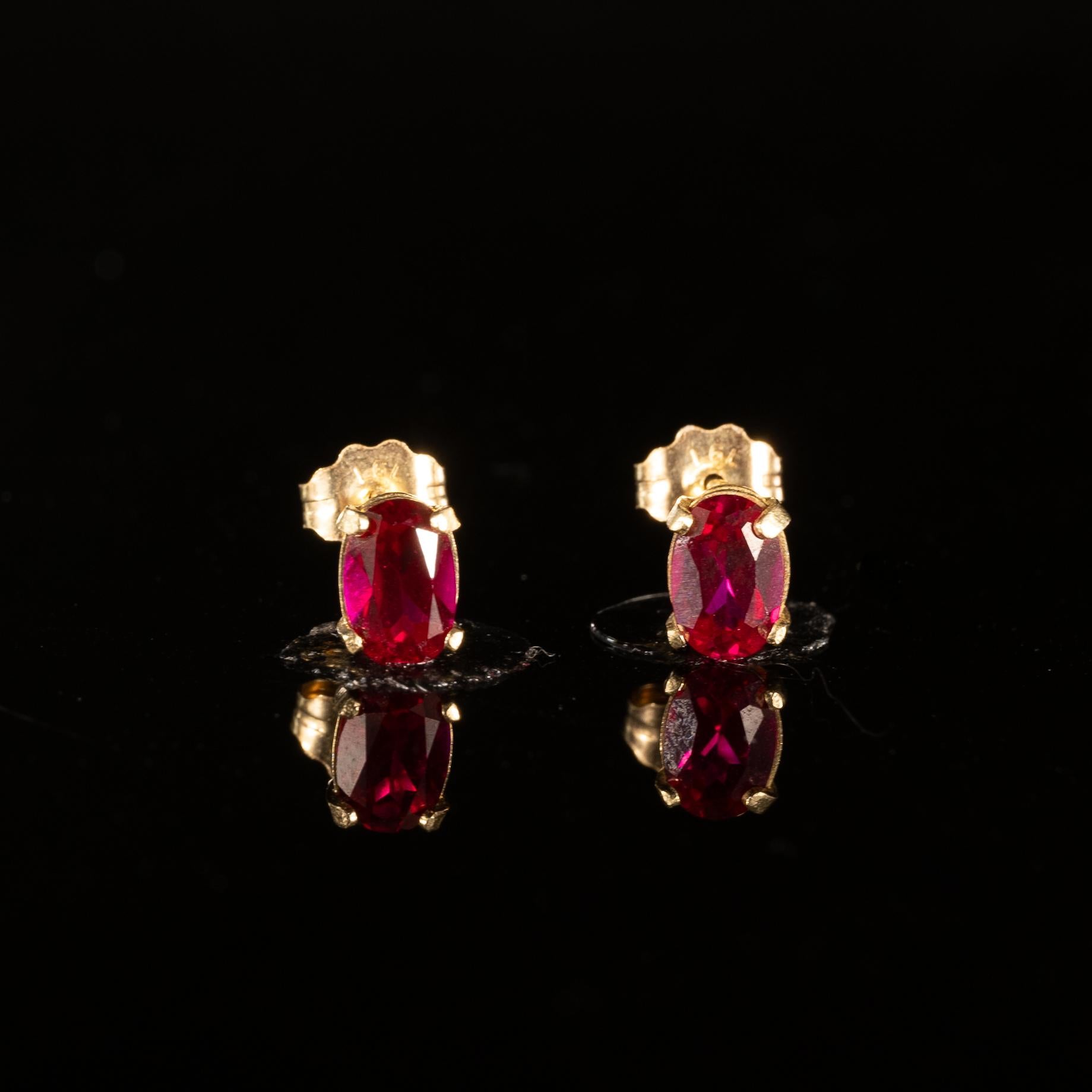 14K Yellow Gold Oval Lab Ruby Stud Earrings