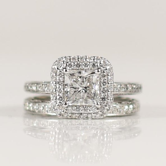 1.51ct E VS GIA Princess Cut Diamond in 18K White Gold Halo Wedding Set