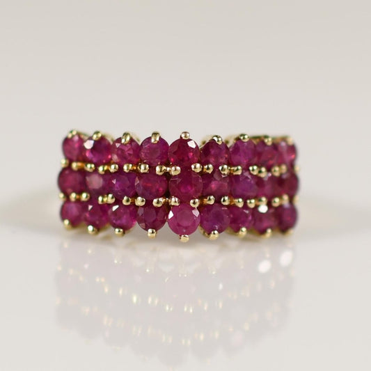 Ruby Pyramid Three Row Gemstone Ring in 10k Yellow Gold