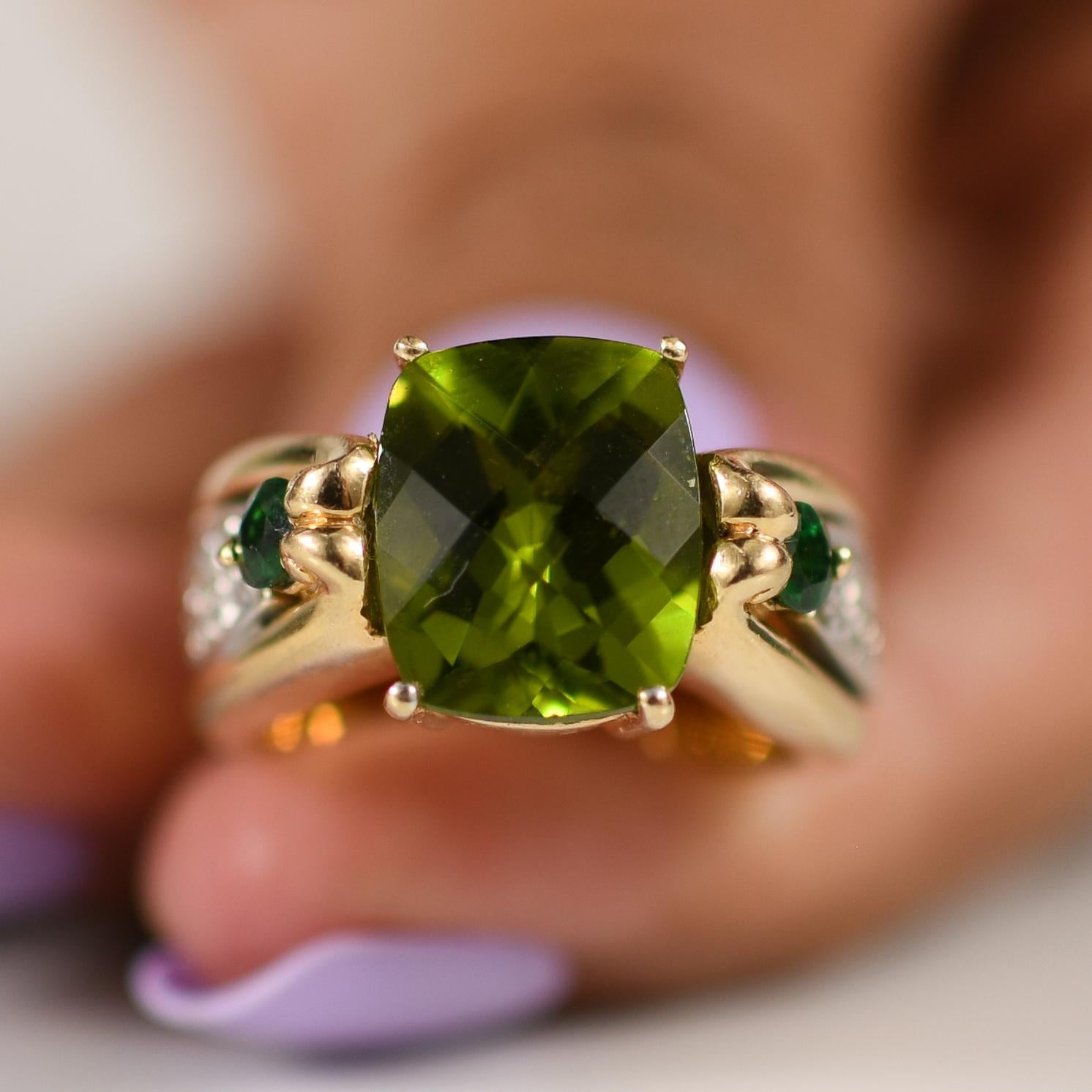 6 Carat Peridot Ring with Diamond Accents 14K Yellow Gold