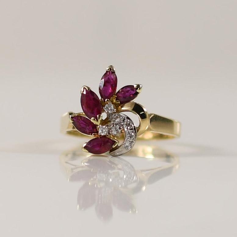 Ruby Flower Ring with Diamond Accents 14k Yellow Gold