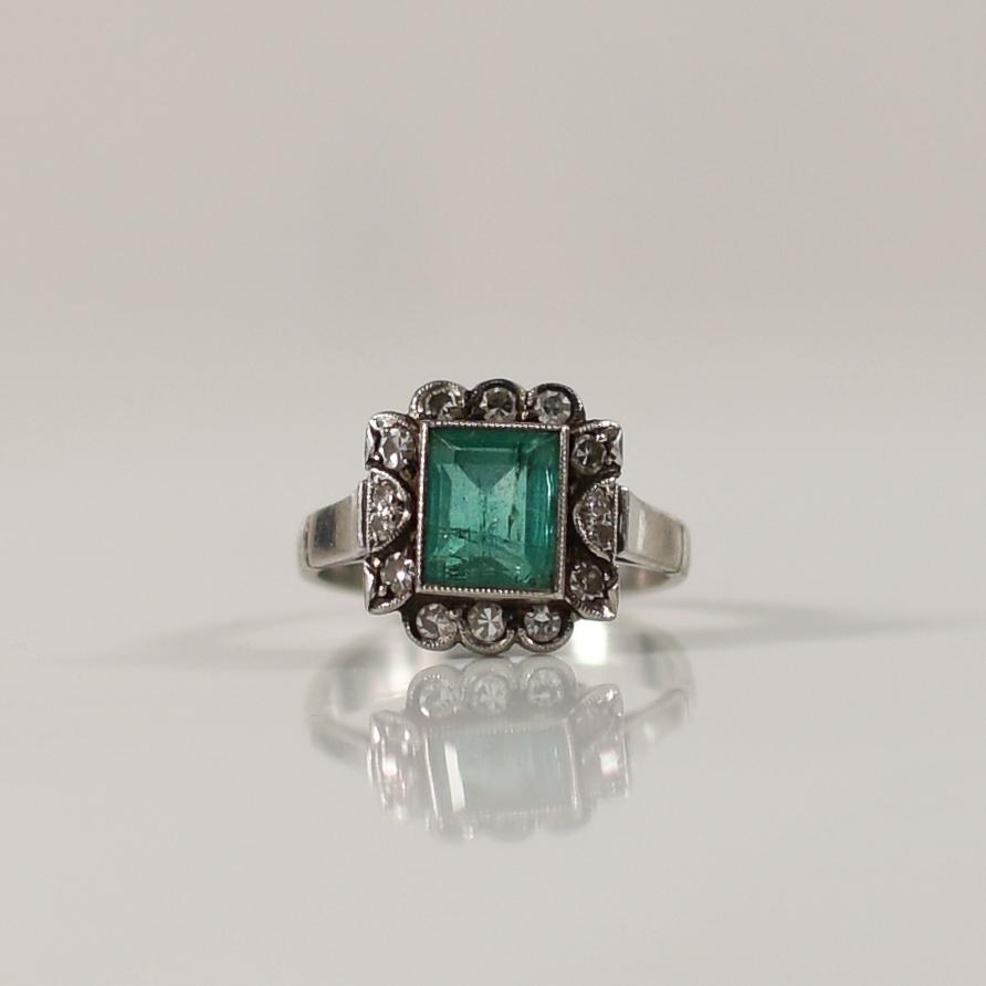 Art Deco Bezel Set Natural Emerald and Diamond Ring in Platinum