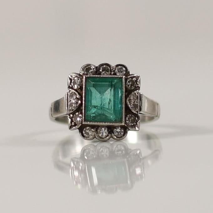 Art Deco Bezel Set Natural Emerald and Diamond Ring in Platinum