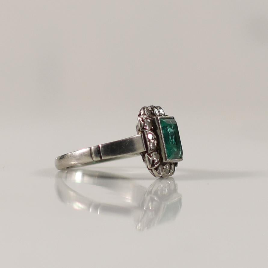 Art Deco Bezel Set Natural Emerald and Diamond Ring in Platinum