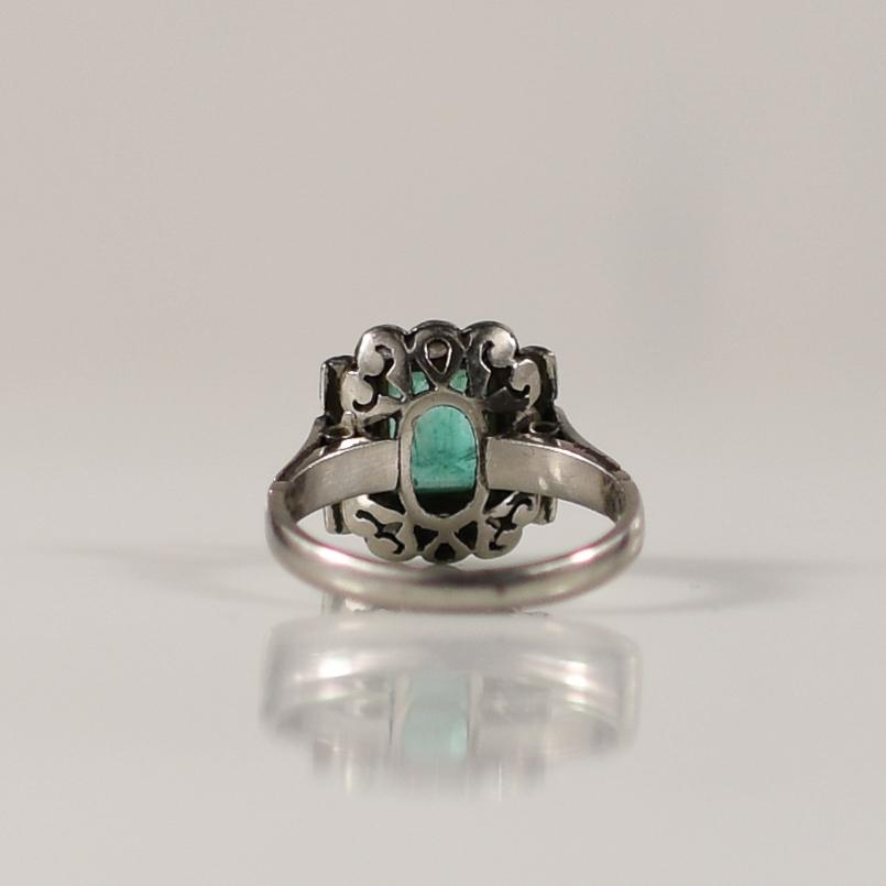 Art Deco Bezel Set Natural Emerald and Diamond Ring in Platinum