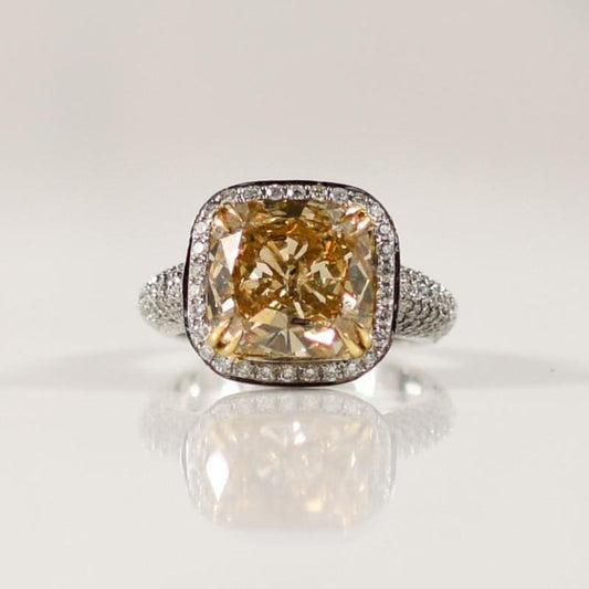 7.81ctw Natural Fancy Yellow Cushion Cut GIA Diamond in 18K White Gold Pave Ring