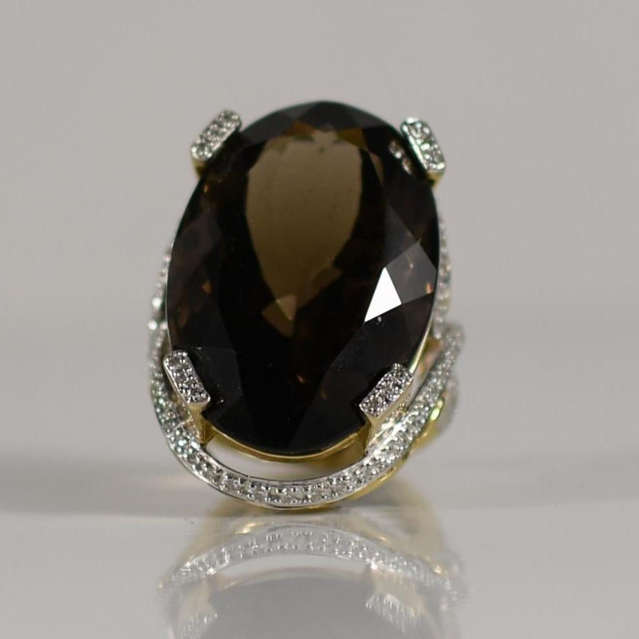 57 Carat Smokey Quartz Statement Ring 14K Gold w/ Diamond Accents