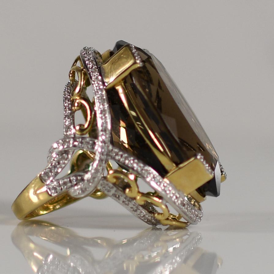 57 Carat Smokey Quartz Statement Ring 14K Gold w/ Diamond Accents